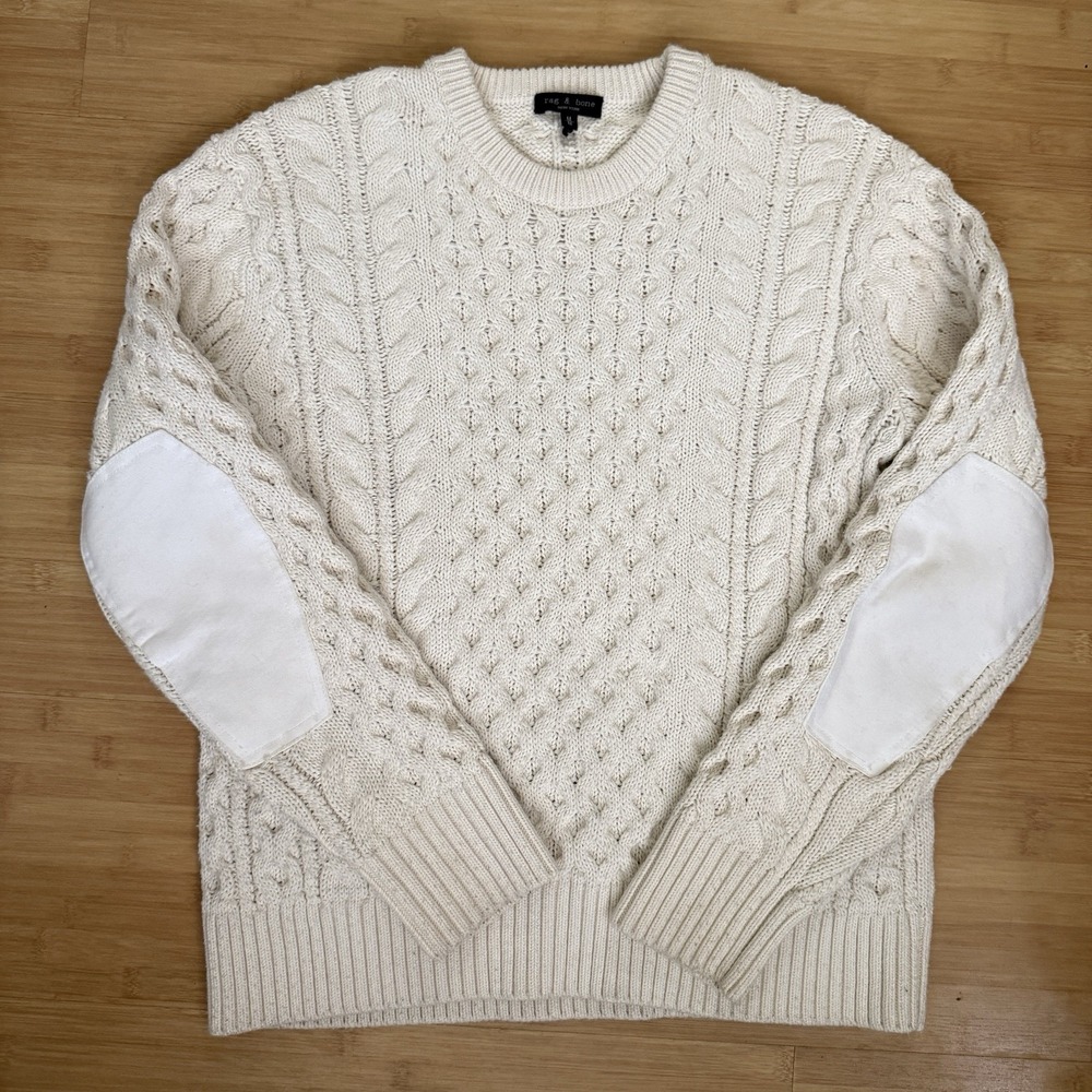 Rag & Bone Aran Merino Wool Cable Knit Fisherman Sweater Medium Ivory Elbow Patc